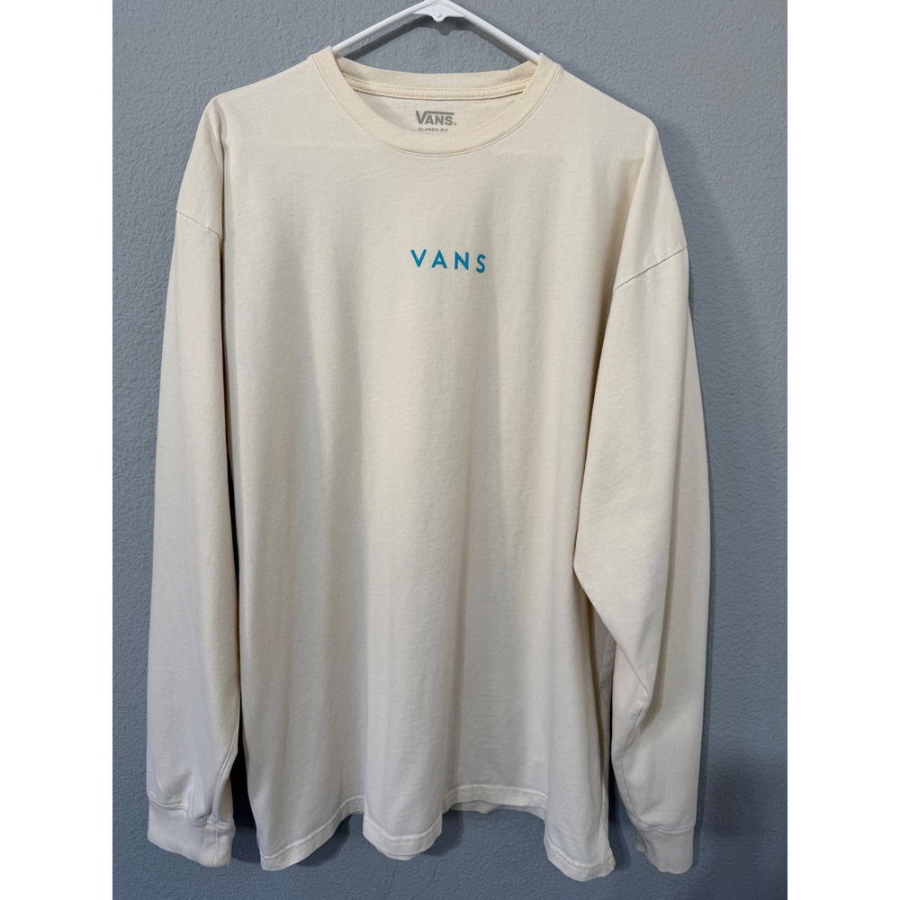 Vans Mens XL Long Sleeve Tee Classic Fit T-Shirt Cream Teal Logo Skater Surf